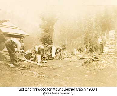 Splitting firewood for Mount Becher Cabin 1930's
