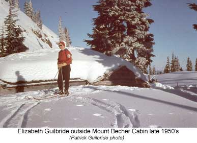 Elizabeth Guilbride outside Mount Becher Cabin late 1950's