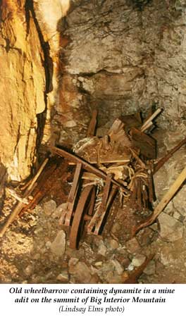 Old wheelbarrow and dynamite in a mine adit on  Big Interior Mountain