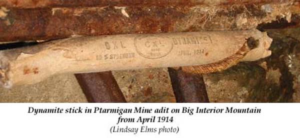 Dynamite stick in Ptarmigan Mine adit on Big Interior Mountain