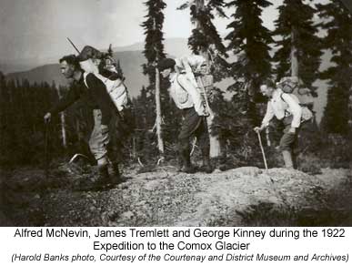 McNevin, Tremlett, Kinney during the 1922 expedition to the Comox Glacier
