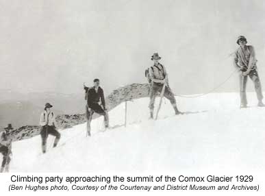 Climbing party approaching the summit of the Comox Glacier in 1929