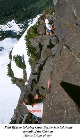 Paul Rydeen belaying Chris Barner just below the summit of the Centaur