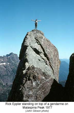 Rick eppler standing on top of a gendarme on Malaspina Peak in 1977
