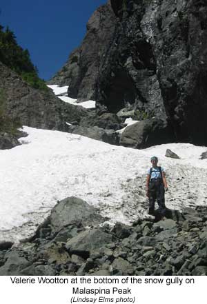 The bottom of the snow gully on Malaspina Peak